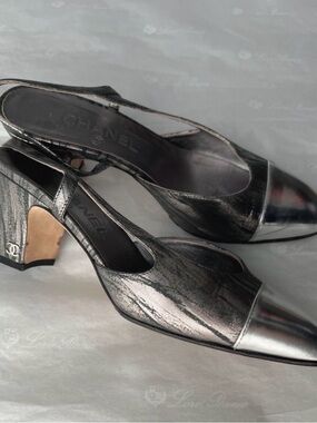 Chanel Metallic Silver Slingback Pumps 36.5